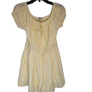 American Eagle Yellow White Striped Off Shoulder Romper, S, Tassels
